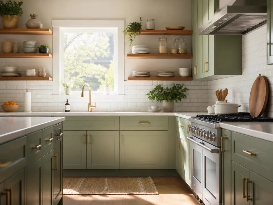 Modern kitchen with freshly refinished sage green cabinets and brass pulls