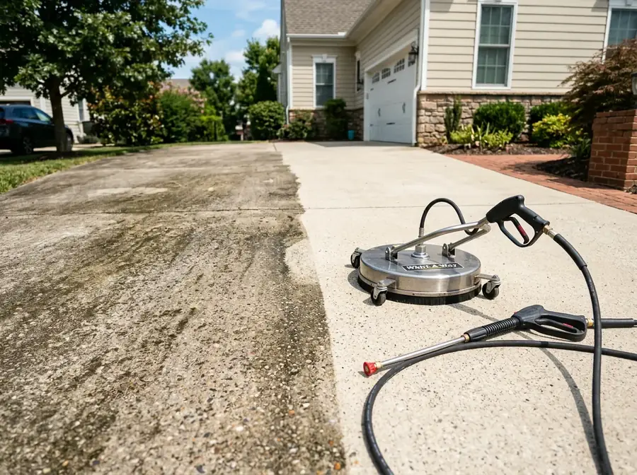 Freshly pressure-washed driveway with surface cleaner attachment